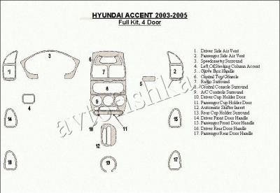 Декоративные накладки салона Hyundai Accent 2003-2005 полный набор, 15 элементов.